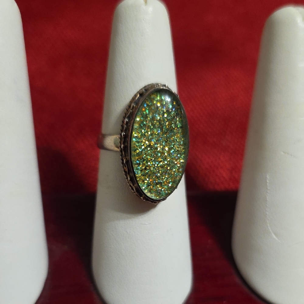 Vintage Fused Dichroic Glass Sparkly Green Gemstone Sterling Silver Ring